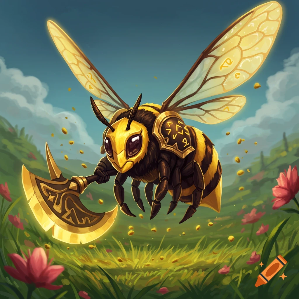 A fantasy illustration of a yellow and black striped bee wearing golden armor and holding a golden axe, flying over a field with flowers.