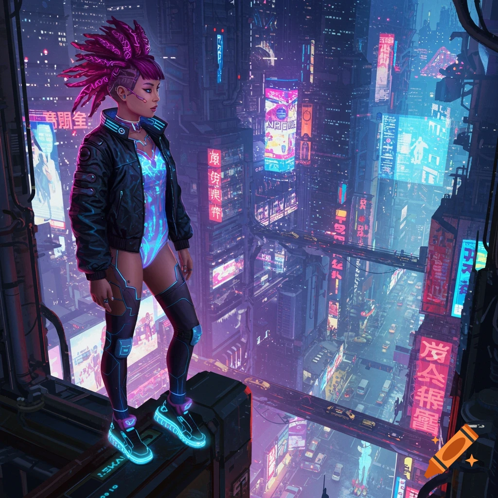 Cyberpunk girl stands on skyscraper overlooking a neon city at night.