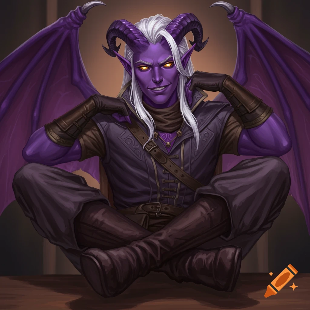 A purple-skinned male tiefling with white hair, horns, wings, and yellow eyes, sitting cross-legged and smirking.