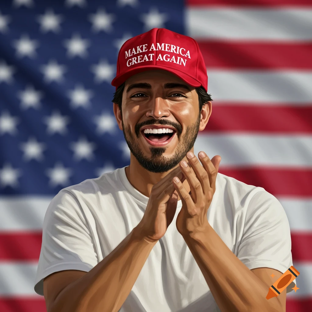 A smiling man wearing a red Make America Great Again hat and clapping in front of an American flag.