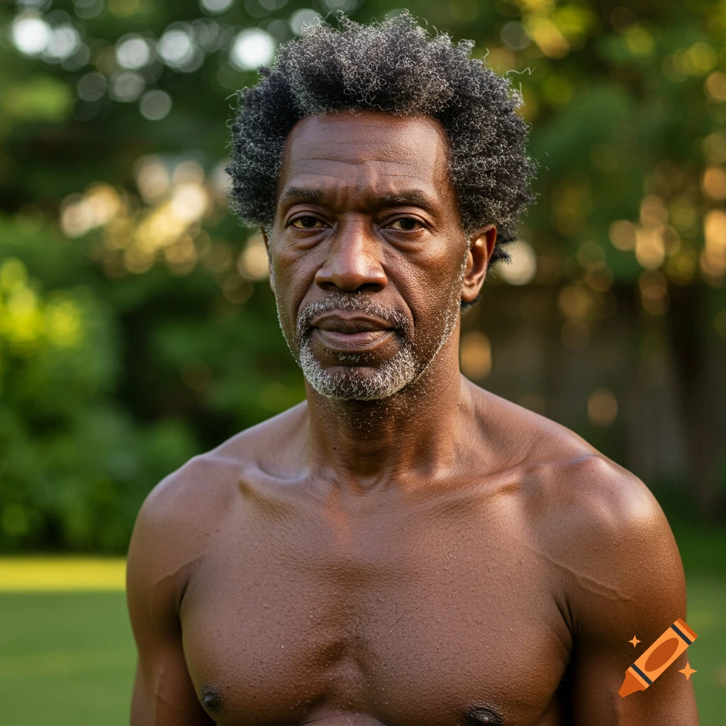 A close-up portrait of an older Black man, shirtless, standing outdoors.