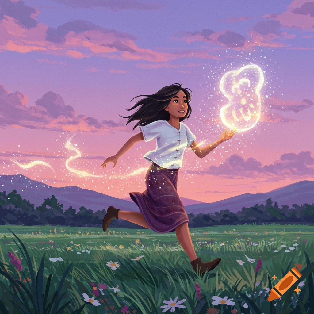 A girl runs through a field at sunset, holding a glowing, sparkly object.
