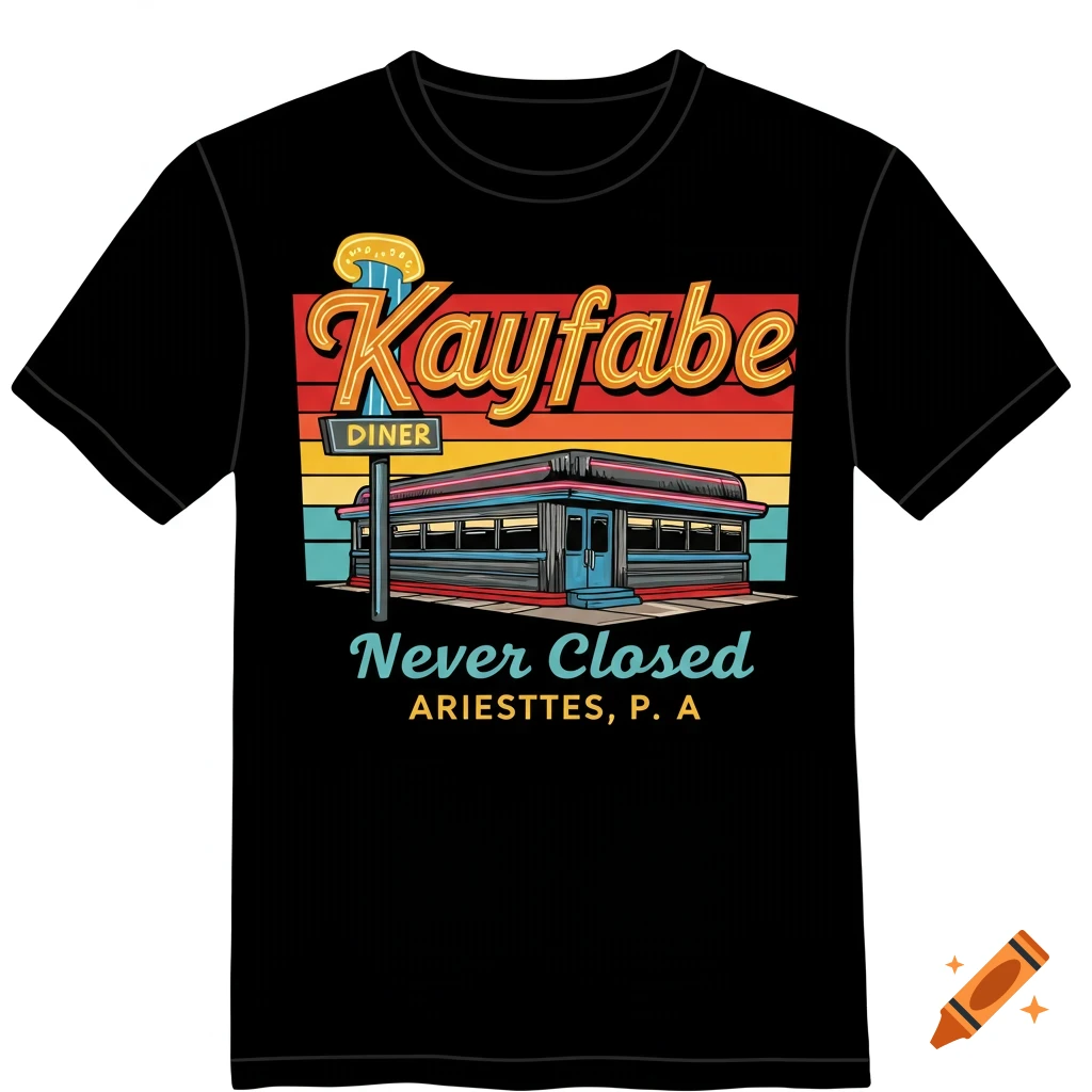 Graphic illustration of a retro diner with text 'Kayfabe Diner Never Closed ARIESTTES, P. A'