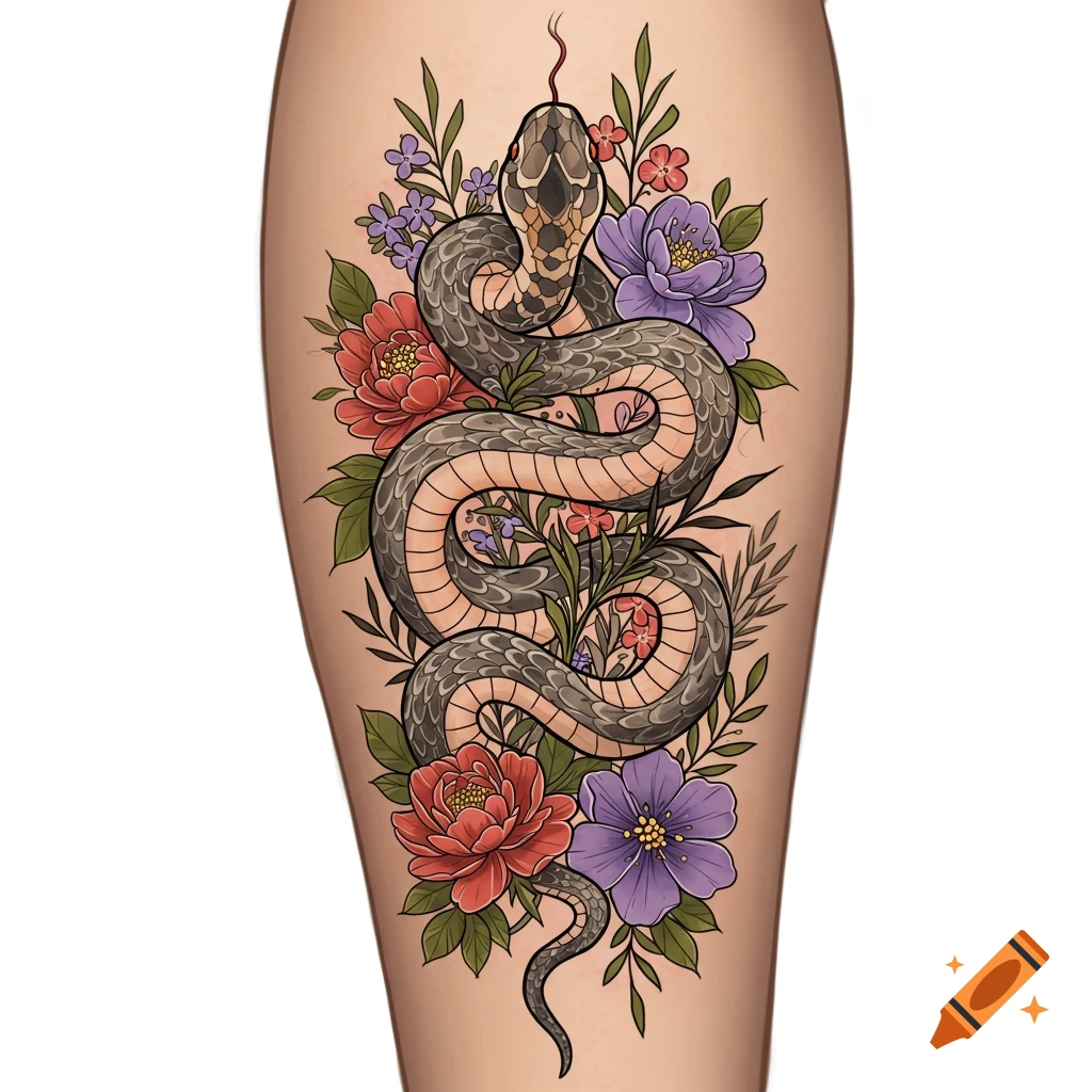A snake is coiled among red and purple flowers, designed as a tattoo.
