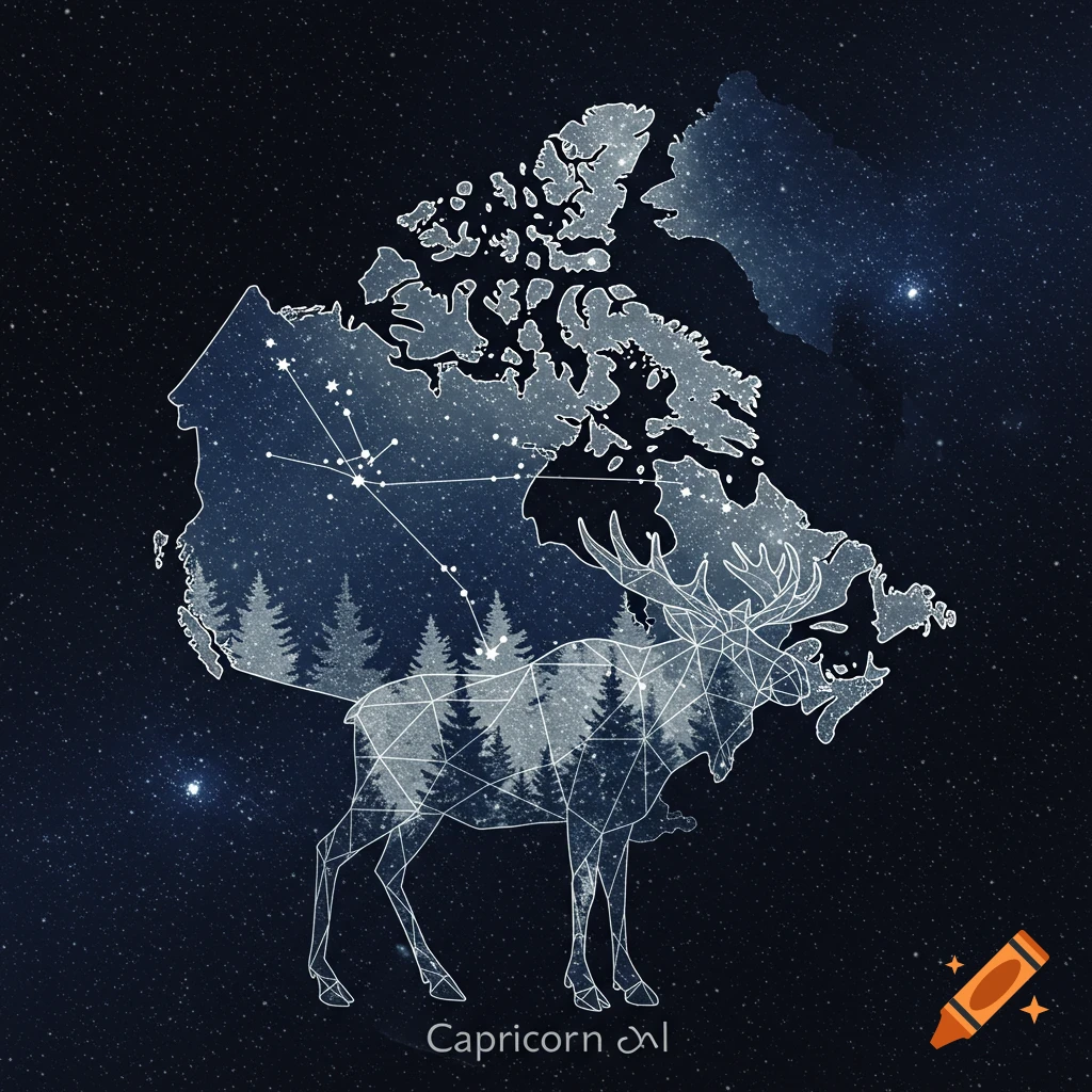 Stylized map of Canada with a geometric moose outline overlaid with a constellation and pine trees, text 'Capricorn ♑'.