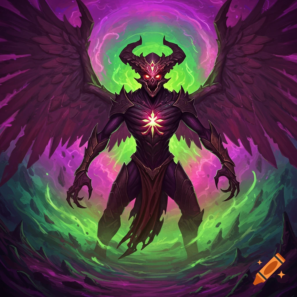 A winged demonic creature with horns and glowing eyes in a purple and green portal.