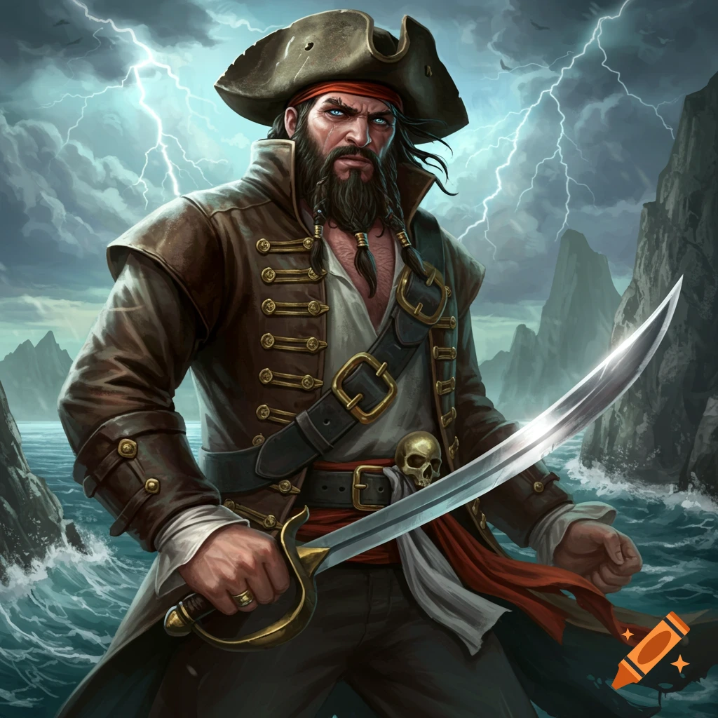 A pirate with a cutlass stands by the stormy sea with lightning.