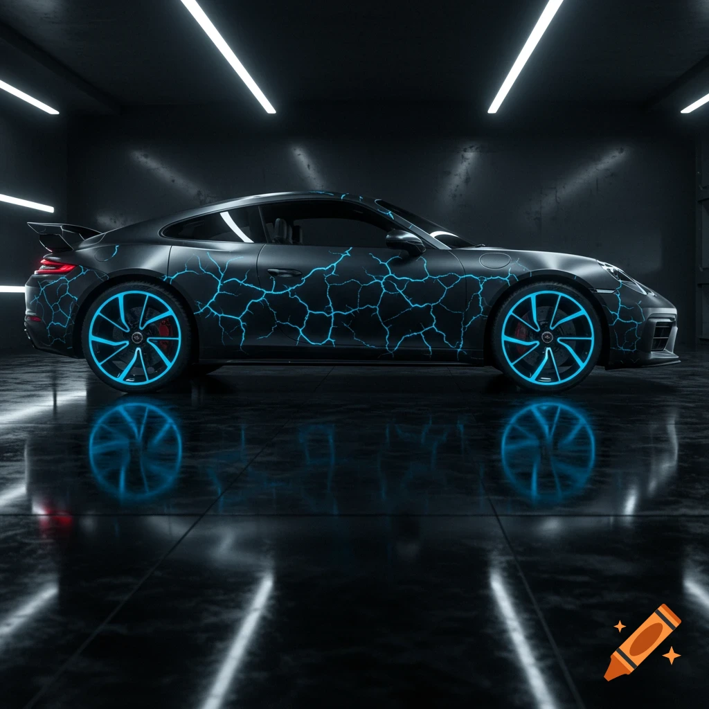 Side profile of a black sports car with glowing blue crackle patterns and rims in a dark, reflective showroom with overhead lighting.