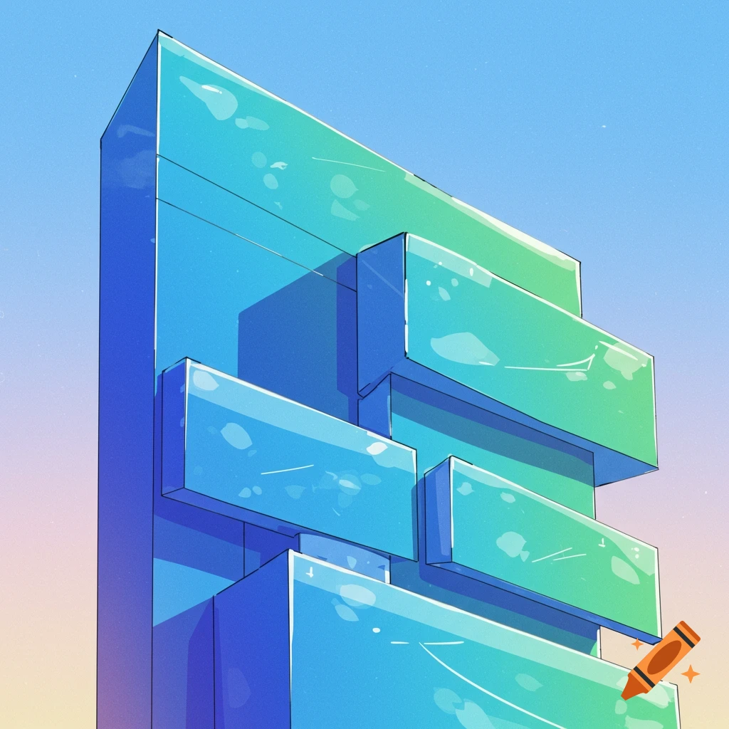 A stylized image of a geometric building with blue and green glossy surfaces against a gradient sky.