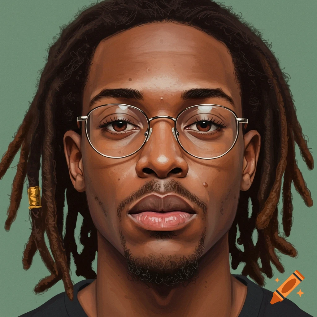 close-up portrait of a man with dreadlocks and glasses.