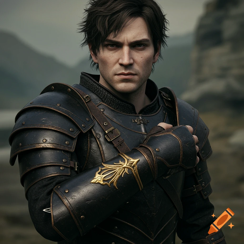 Photorealistic portrait of a man in dark fantasy armor.