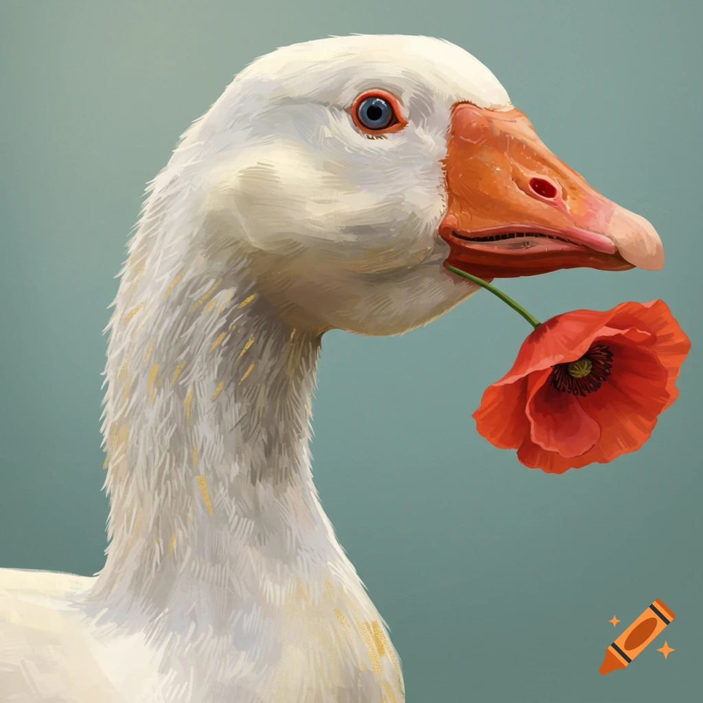 A goose head holding a red poppy in its mouth.