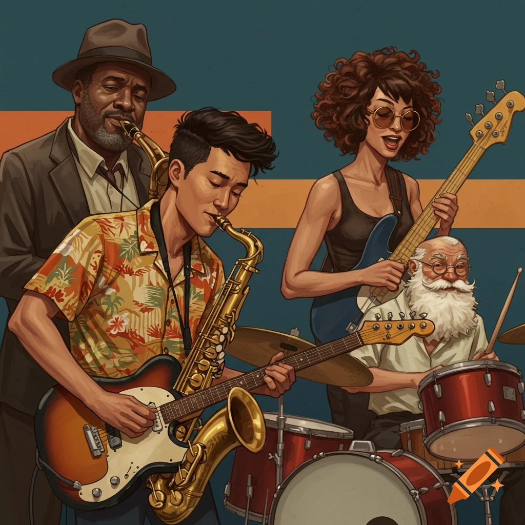 A diverse band playing instruments, including saxophone, guitar, bass, and drums.