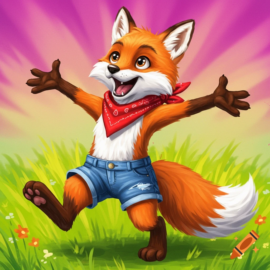 A happy cartoon fox wearing a red bandana and denim shorts jumps in a grassy field.