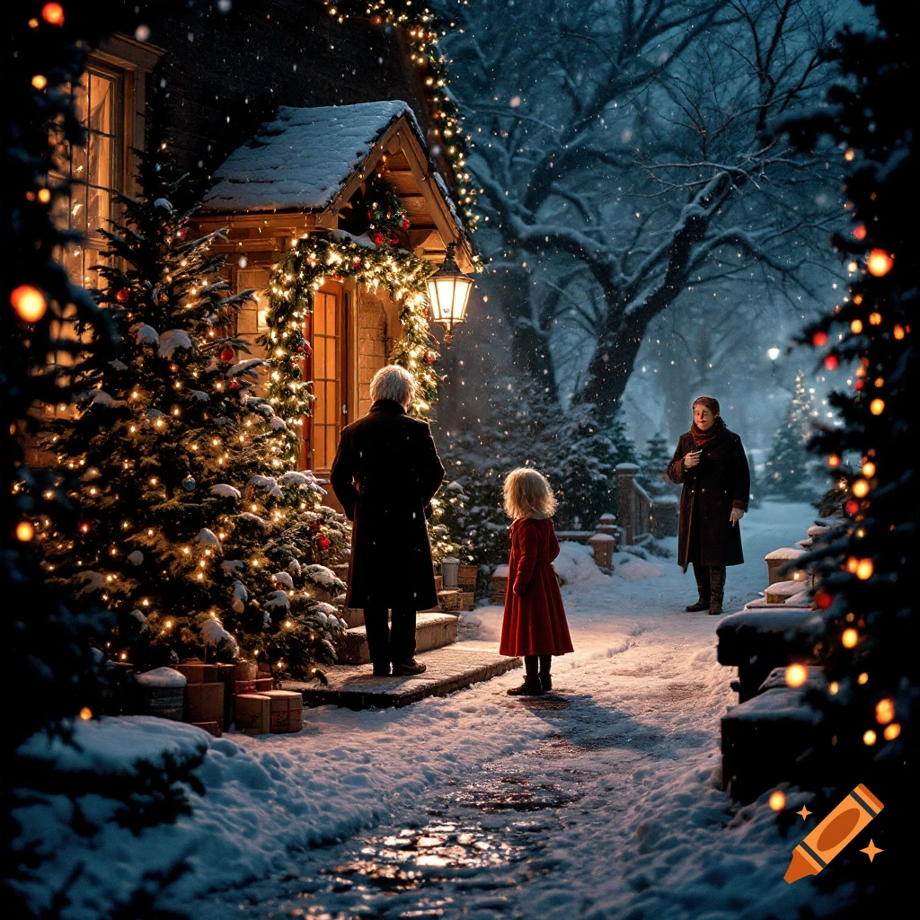 A snowy Christmas scene outside a house with three people and festive lights.