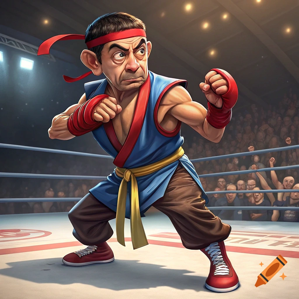 Cartoon depiction of Mr. Bean in a martial arts pose in a boxing ring.