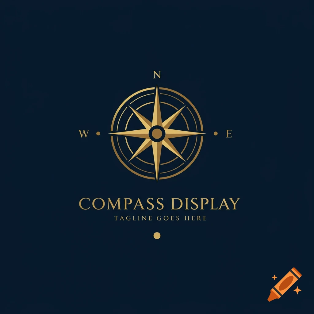 Golden compass rose logo with text on a dark blue background.