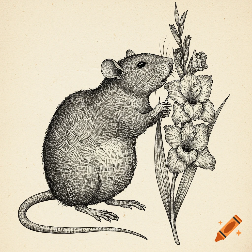 An intricate black and white etching illustration of a rat delicately holding a gladiolus flower, rendered using text-like textures.