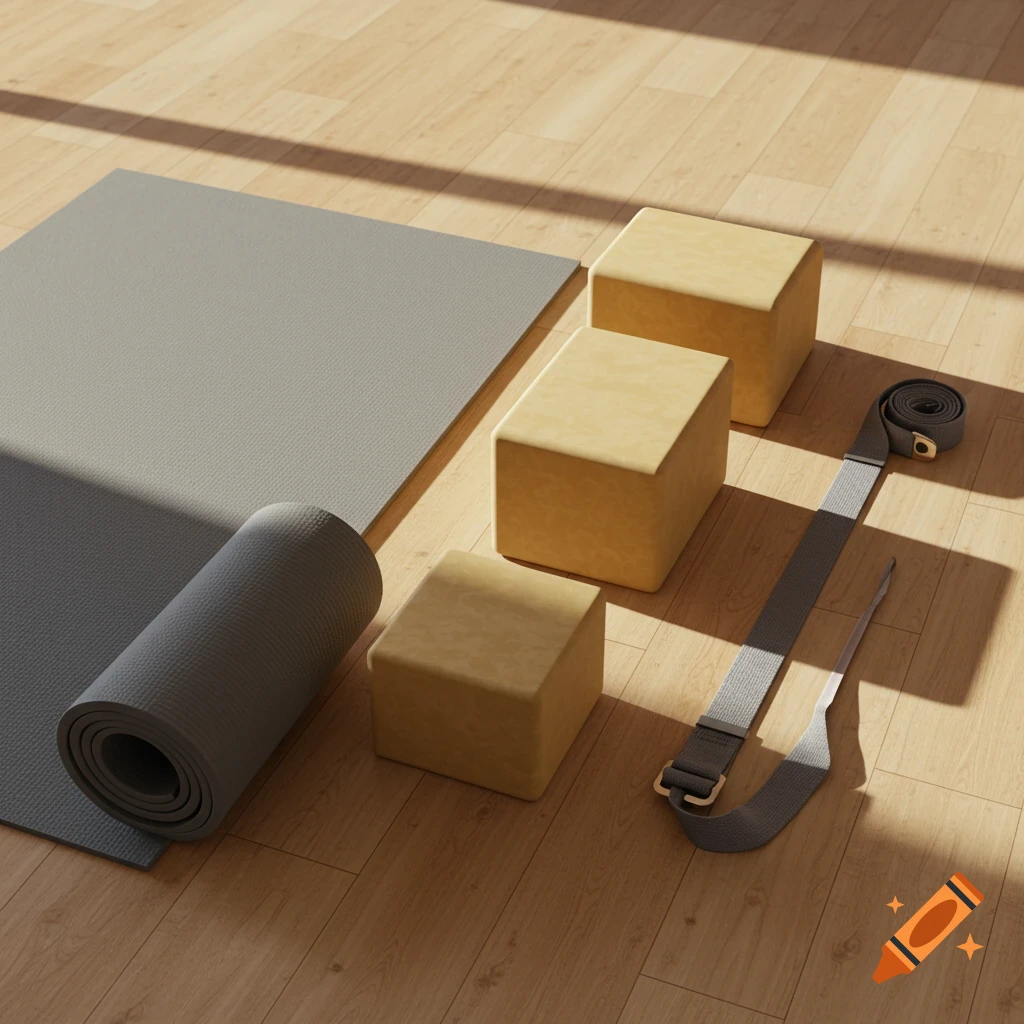 Yoga mat, blocks, and strap on a wooden floor in soft daylight.