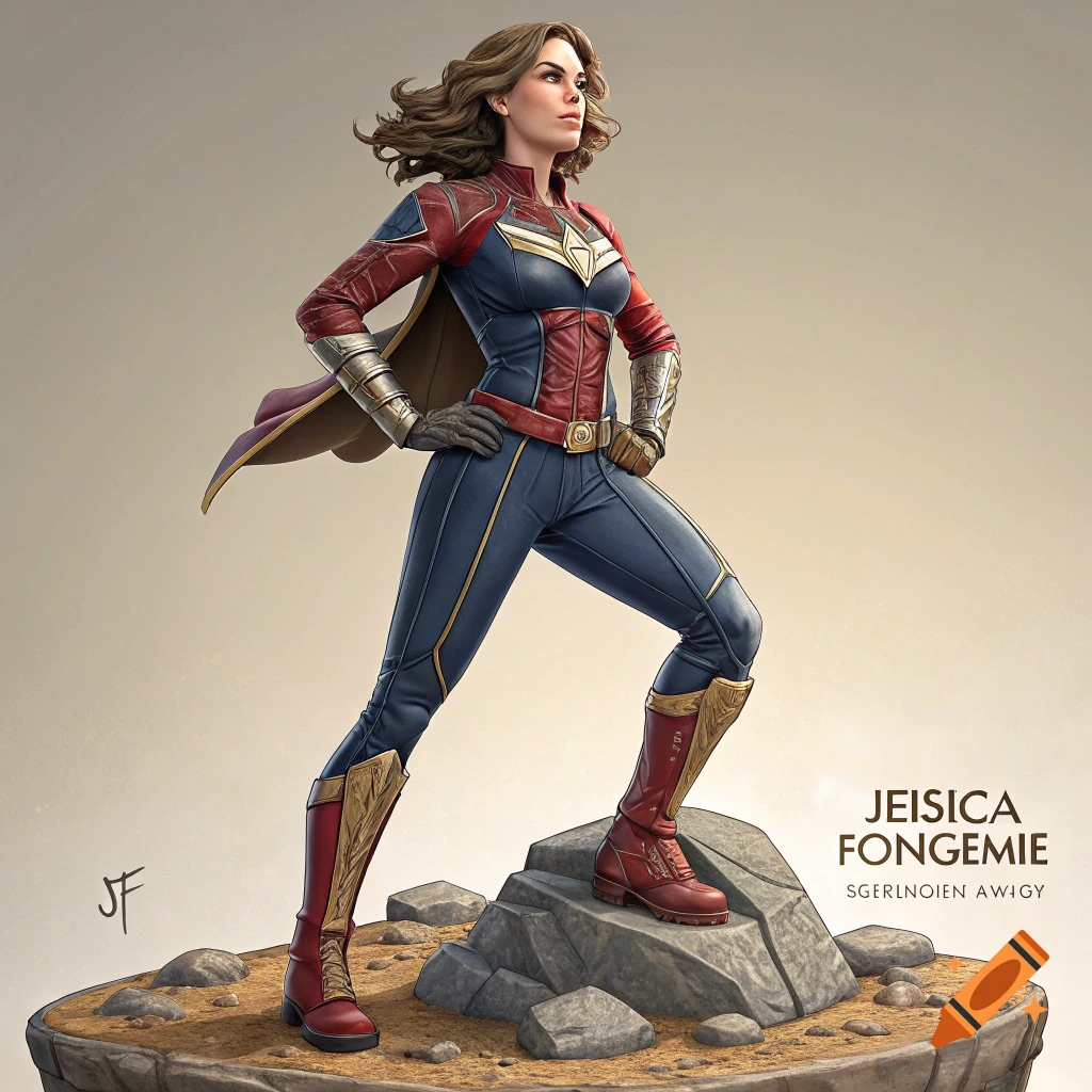 Female superhero action figure standing on rocks.