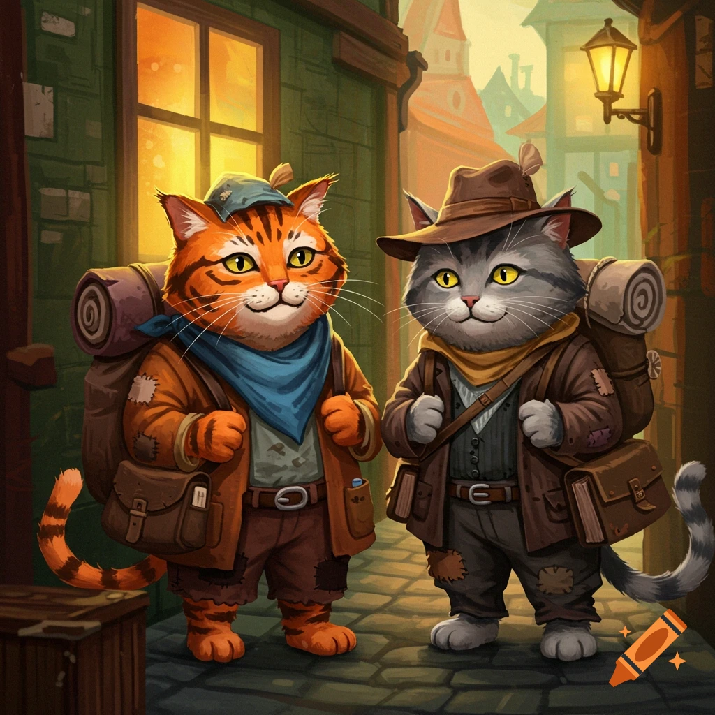 Two cartoon cats, one orange tabby and one grey, dressed as hobos with backpacks, standing in an alley.