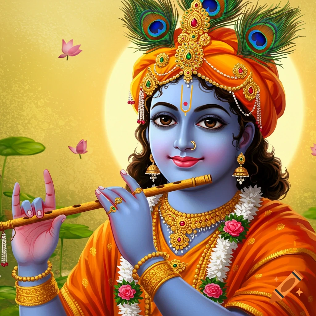 Portrait of the deity Krishna playing a flute, adorned with jewels and peacock feathers.