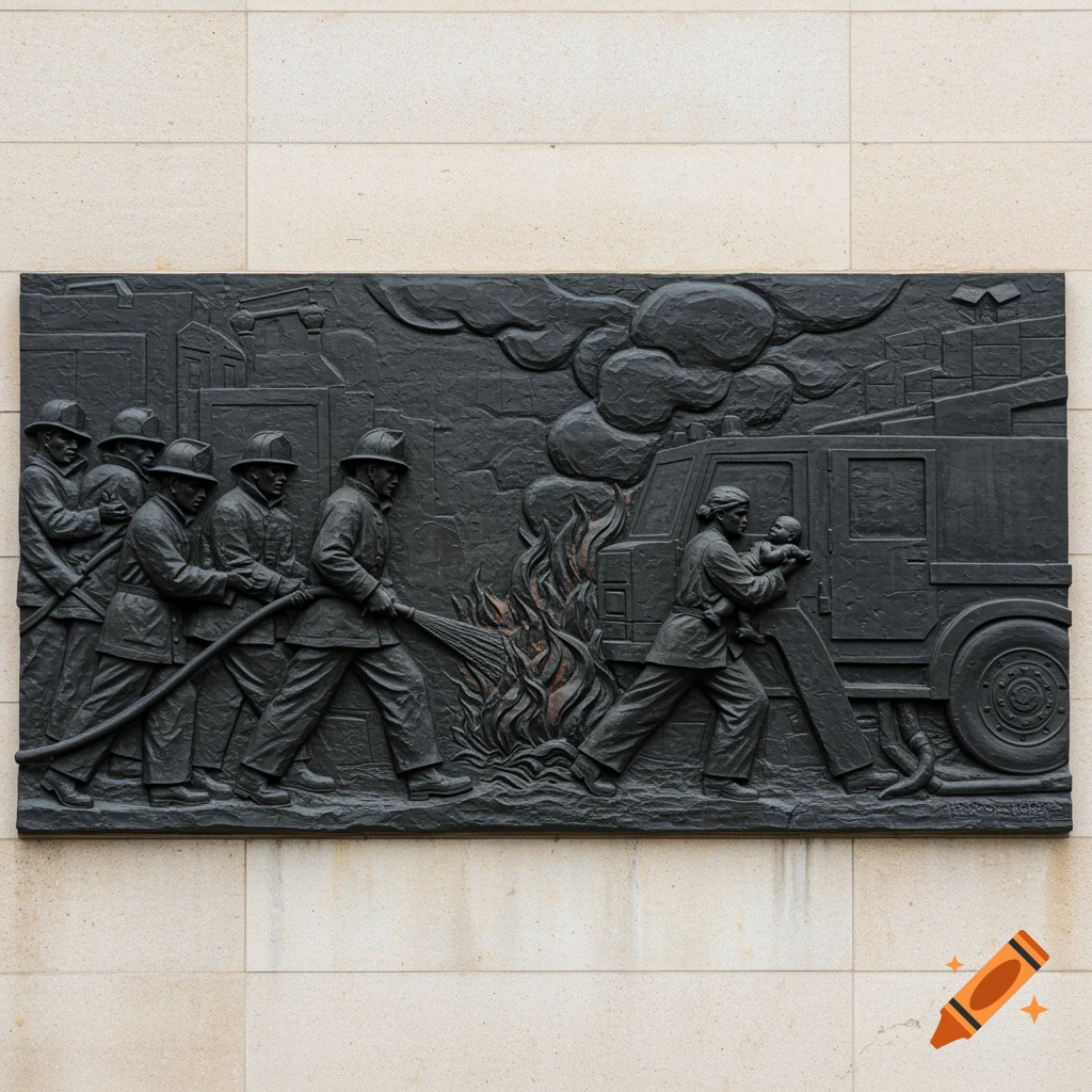 Bas-relief sculpture depicting firefighters rescuing a baby from flames