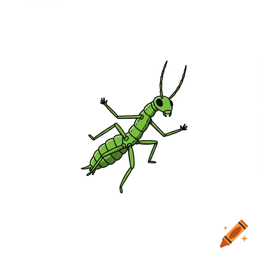 Green cartoon insect illustration on a white background.