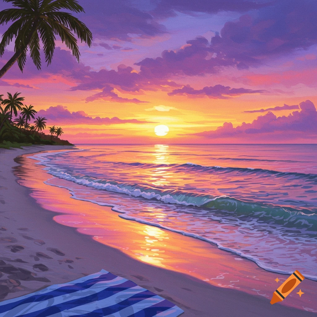 A vibrant sunset over a beach with palm trees and a towel.