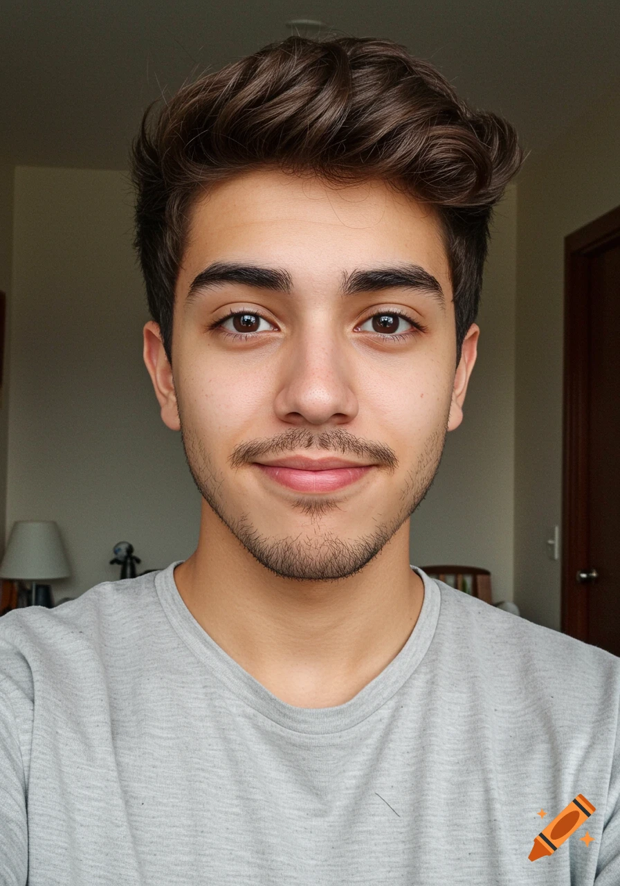 Close-up portrait of a young man smiling with brown hair and subtle facial hair.