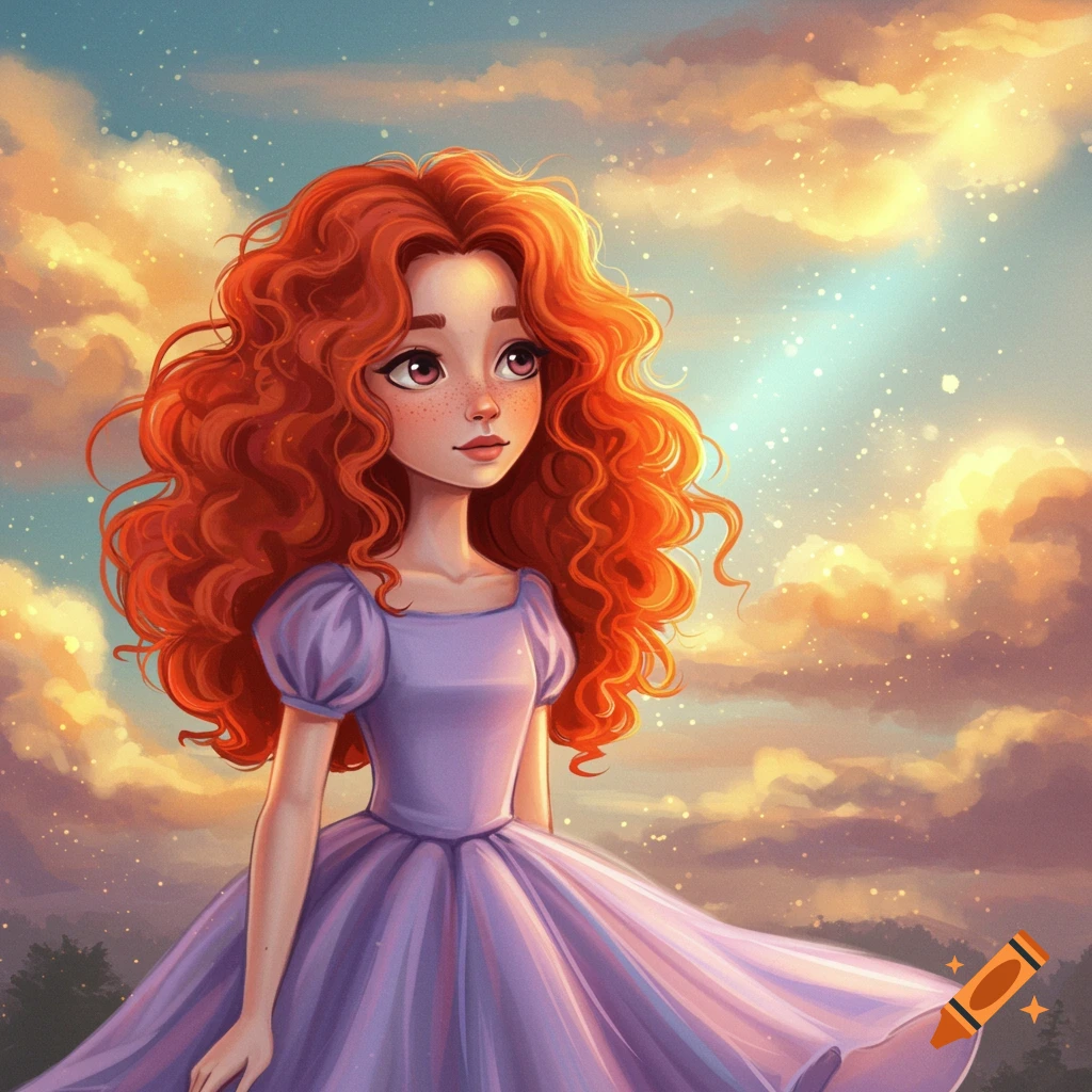 A whimsical image of a young girl with curly red hair in a lavender dress against a dreamy sky with golden clouds.
