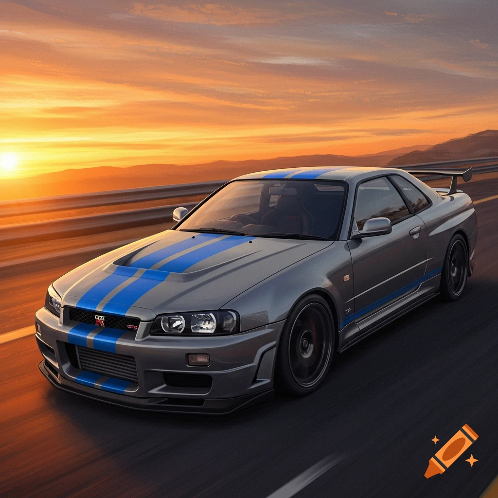Grey Nissan Skyline GT-R with blue racing stripes driving on a road at sunset.
