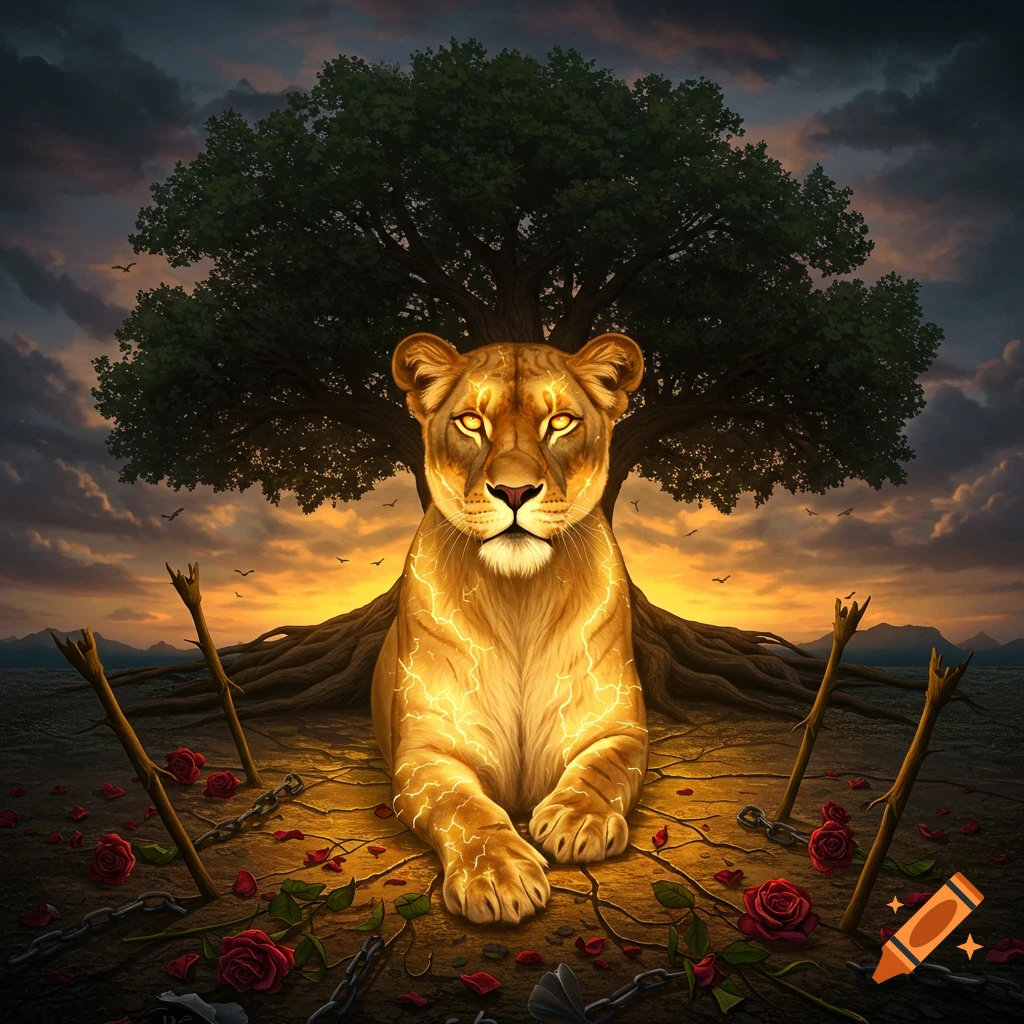A fierce lioness glowing with energy sits under a large tree at sunset, surrounded by broken chains and roses.