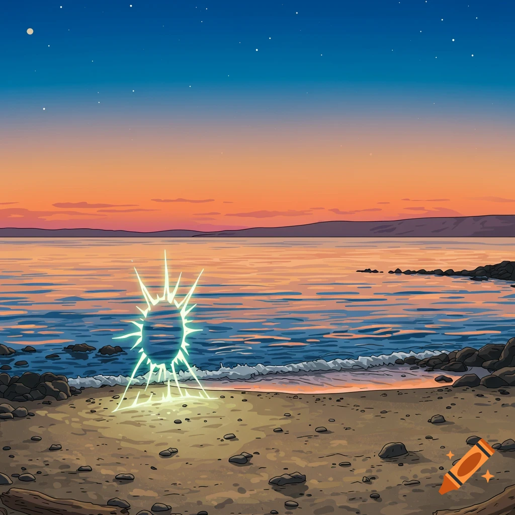 Graphic novel illustration of a beach at dusk with a glowing portal on the sand.
