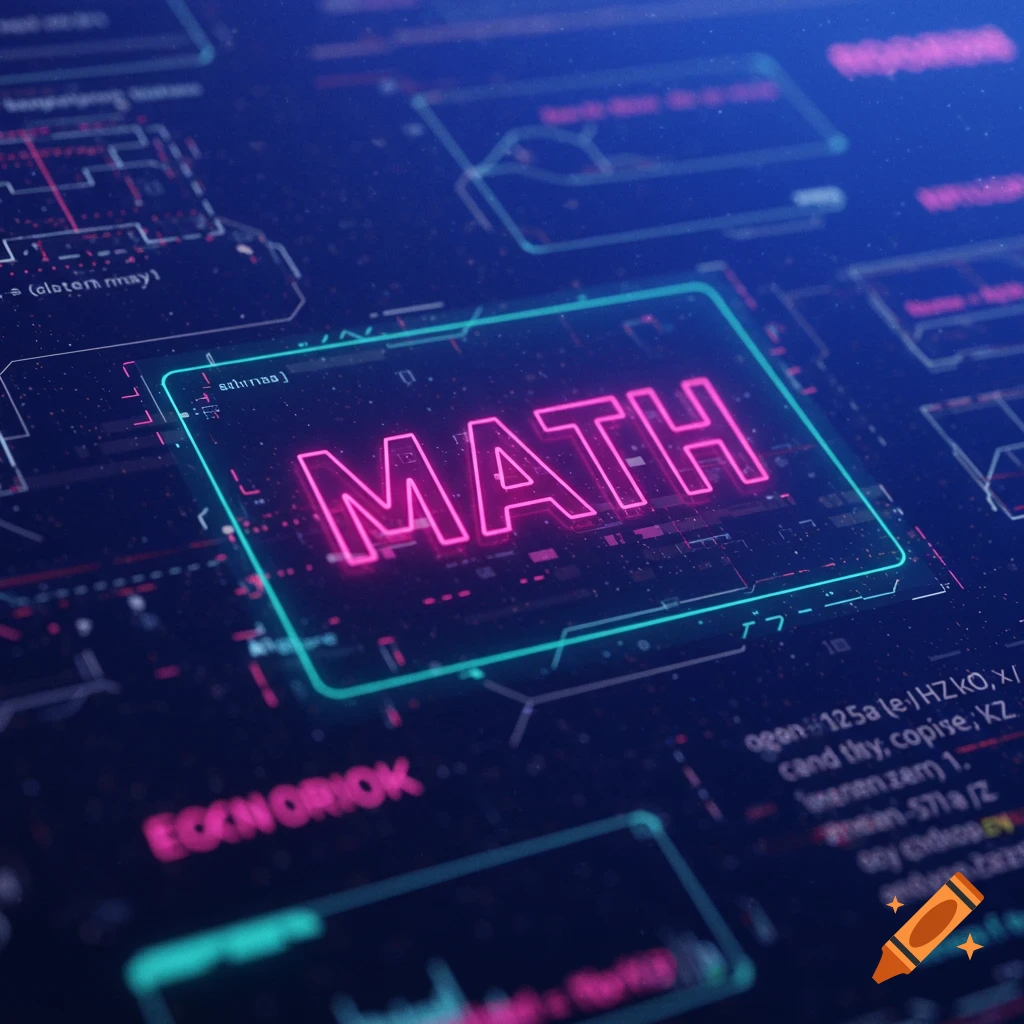 The word MATH glowing in neon pink within a futuristic circuit board interface.