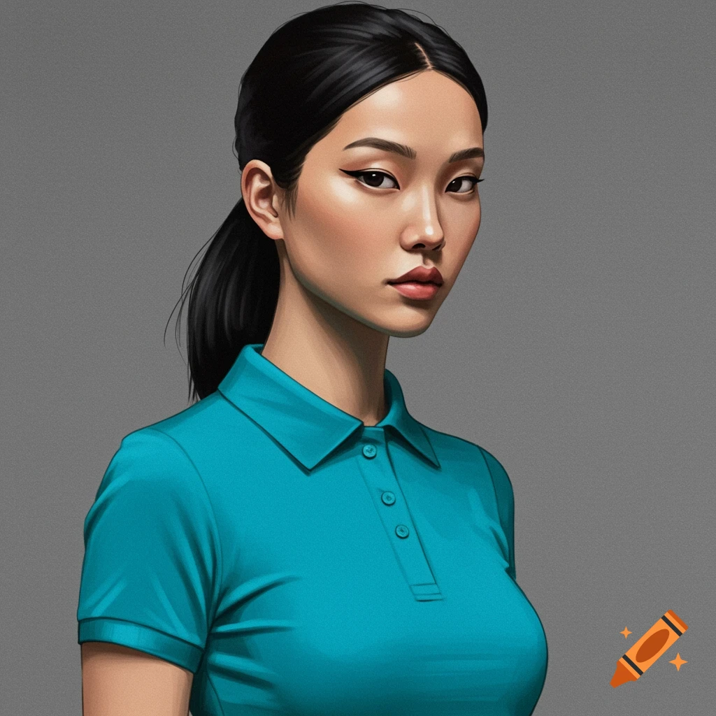 Digital portrait of an East Asian woman in a teal polo shirt.