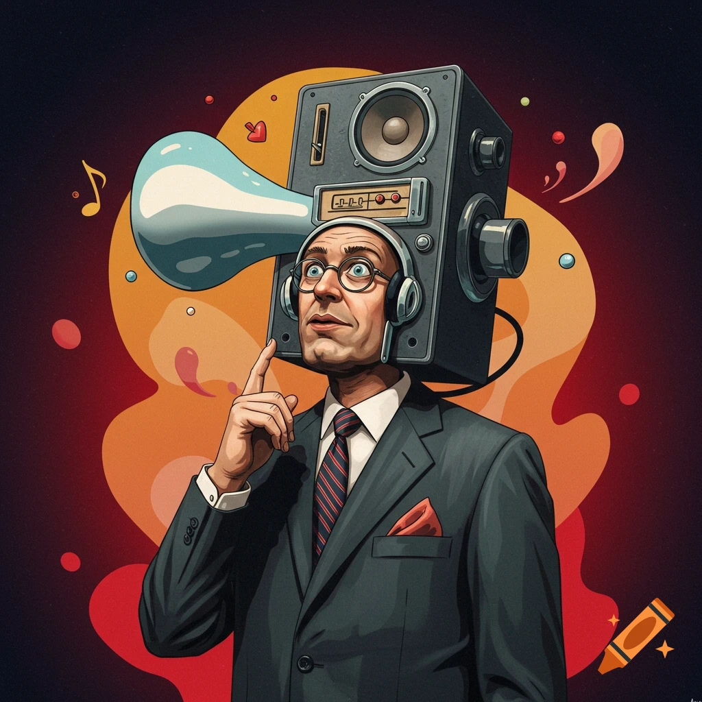 A stylized illustration of a man in a suit with a large speaker on his head, with musical notes and shapes.