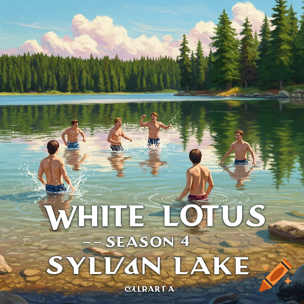 Men splashing in a lake surrounded by forest and mountains, with text overlay: White Lotus Season 4 Sylvan Lake.