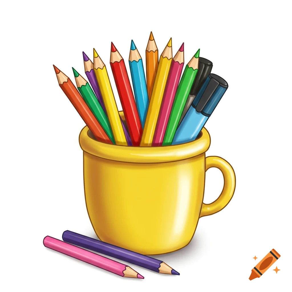 A yellow cup filled with colorful pencils and markers, with pencils on the ground.