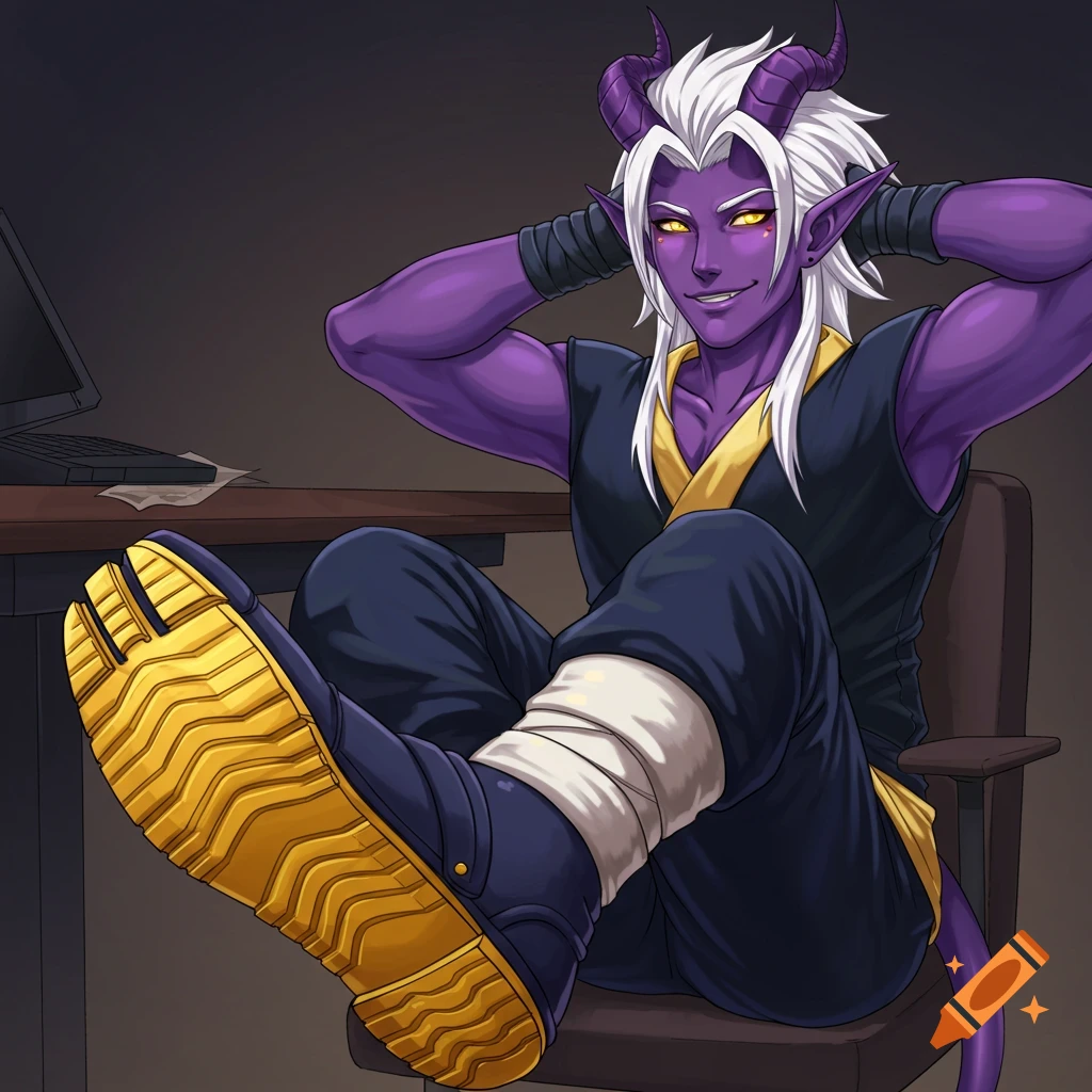 A purple-skinned male tiefling with white hair and horns sits with his feet on a desk, smirking.