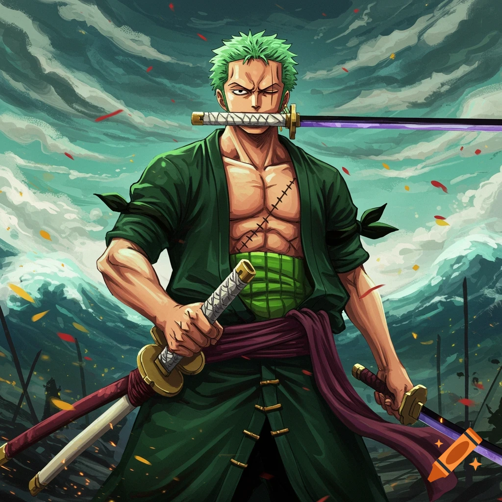 Anime illustration of Roronoa Zoro with three swords, one held in his mouth, against a dramatic sky.