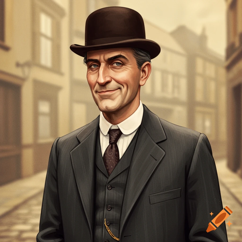 A man in a suit and bowler hat stands smiling in a street scene.