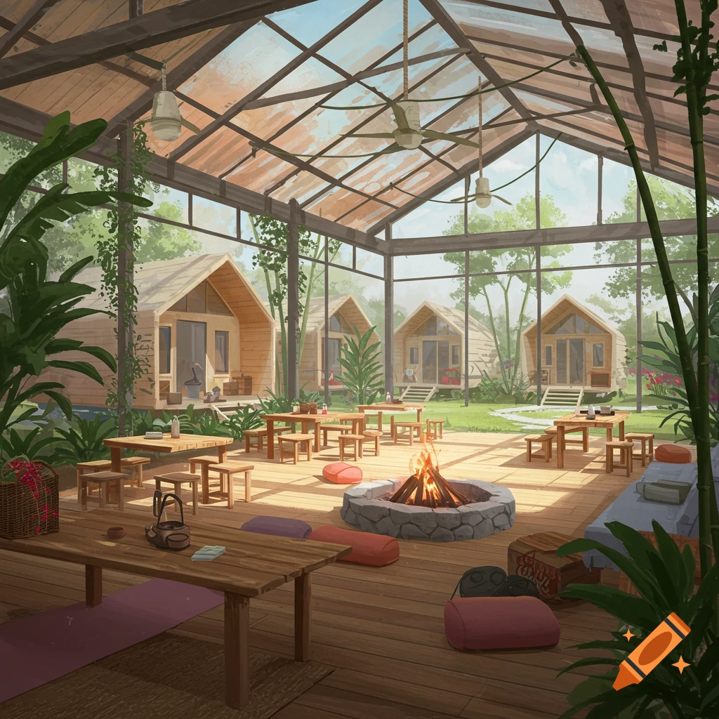 Image of a yoga sanctuary inside a large greenhouse with tables, fire pit, and tiny houses outside.