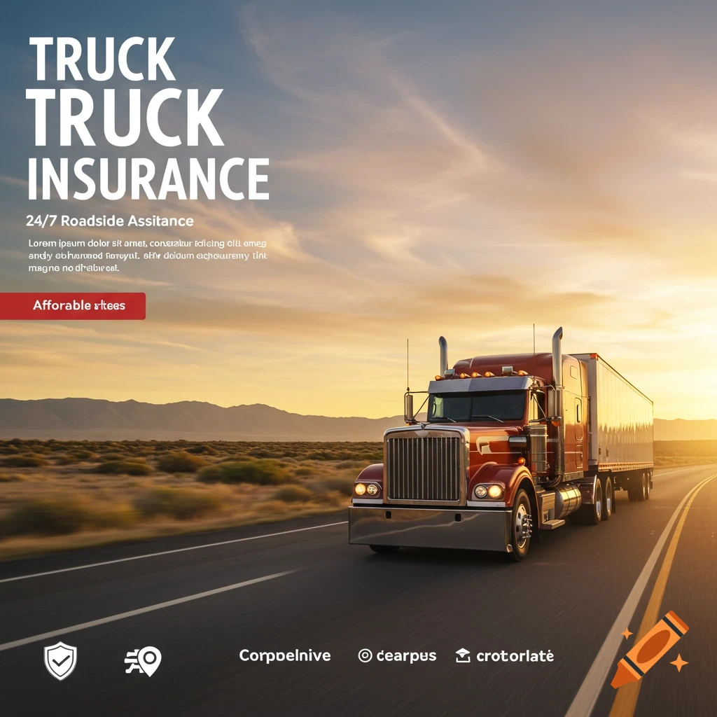 Red semi-truck driving on a road at sunset with text overlay