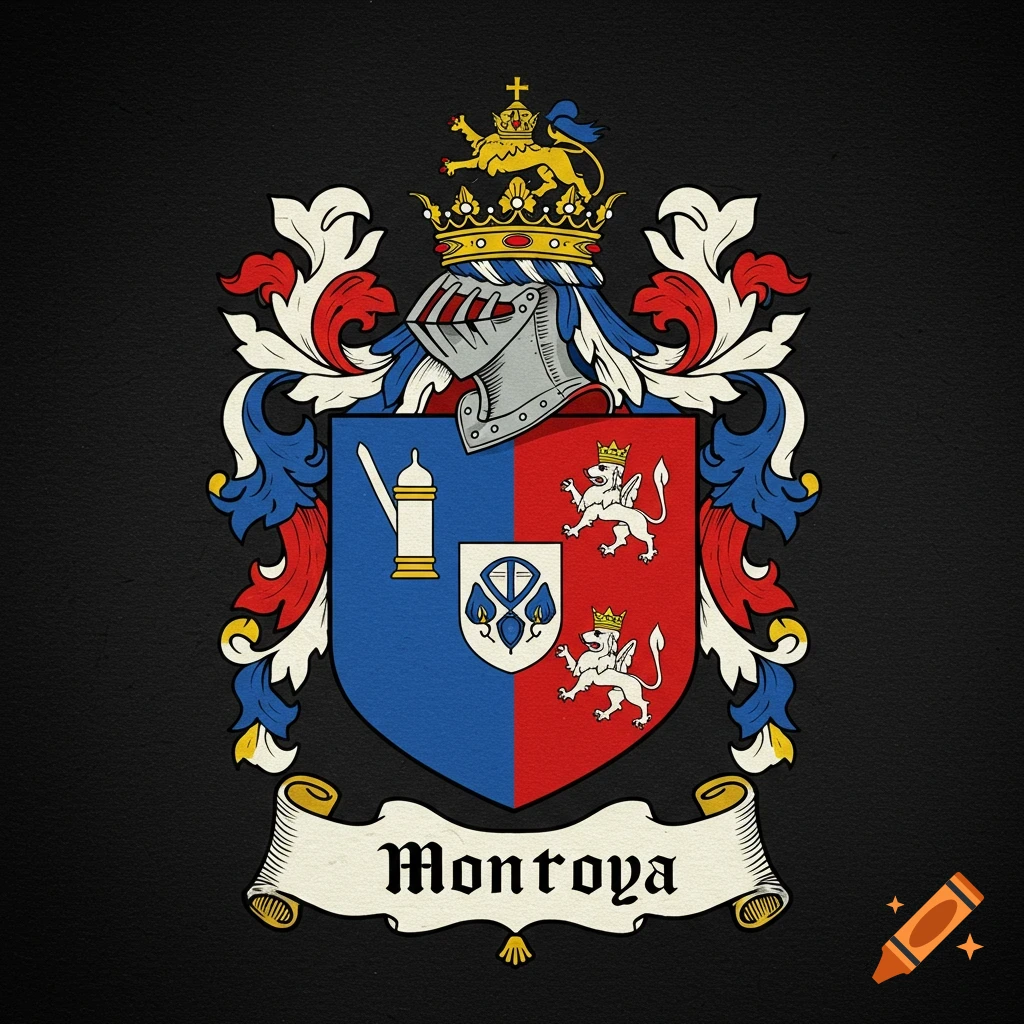 Coat of arms illustration for Montoya, featuring a shield, helmet, crown, lion, and scroll with name