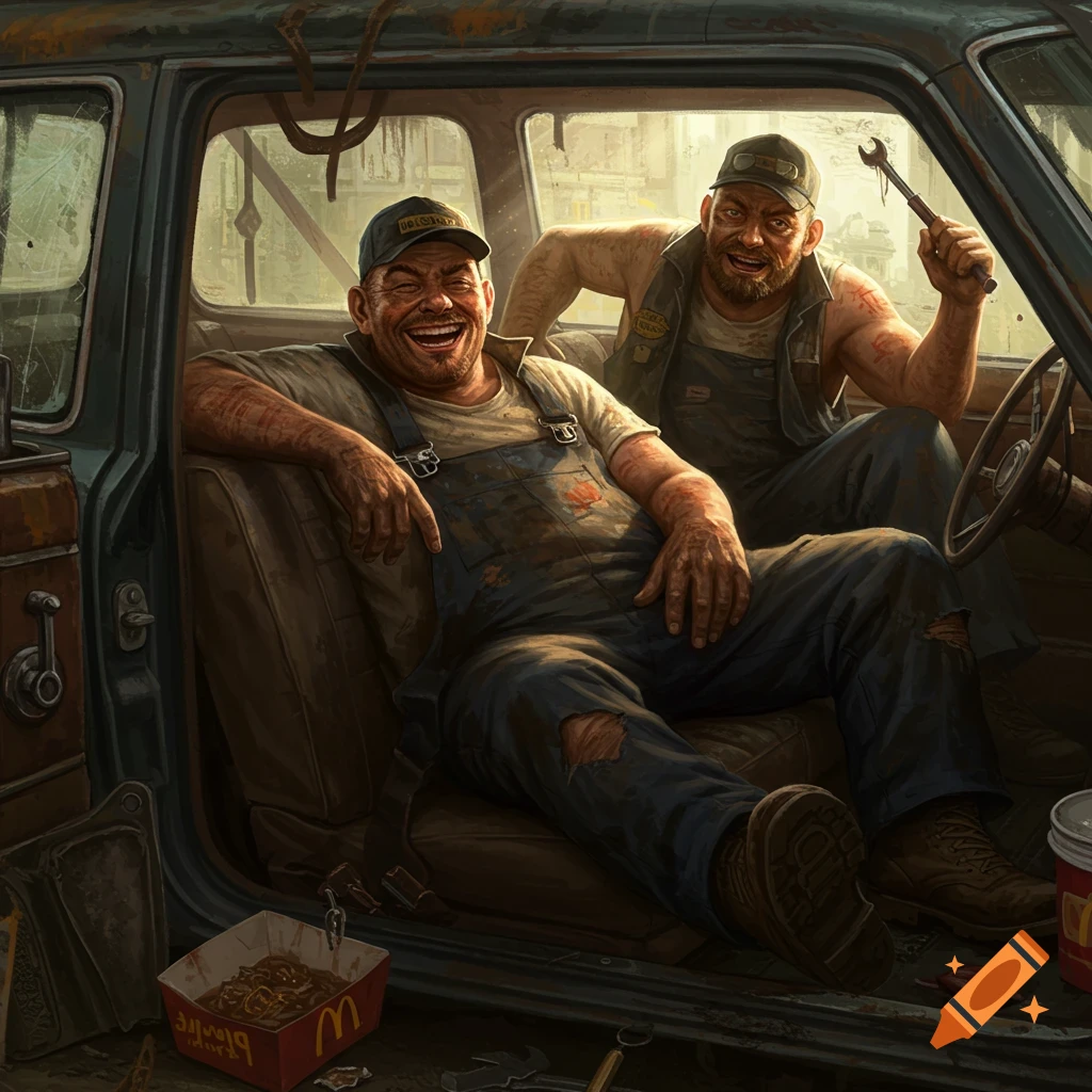 Two dirty mechanics laughing in an old car.