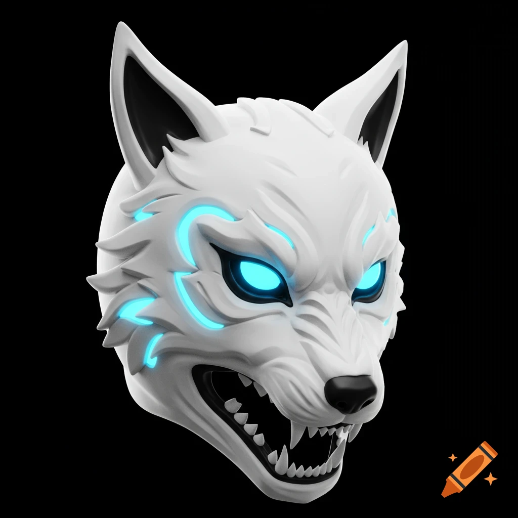 White wolf mask with glowing blue eyes on a black background.
