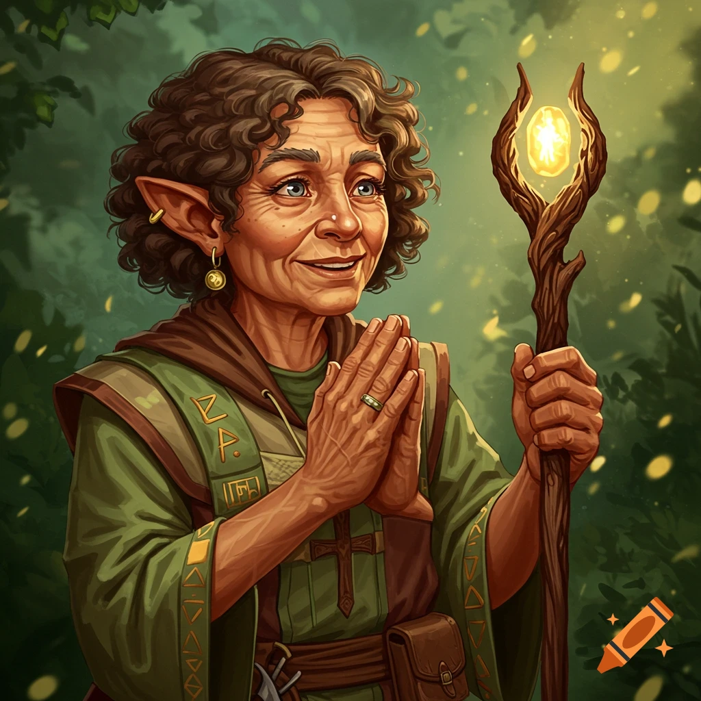 An older halfling cleric with staff.