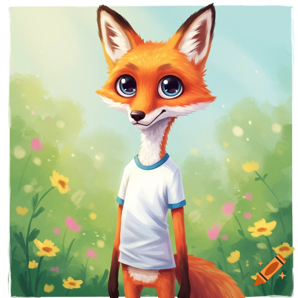 A cute cartoon fox wearing a white t-shirt stands in a field of flowers.