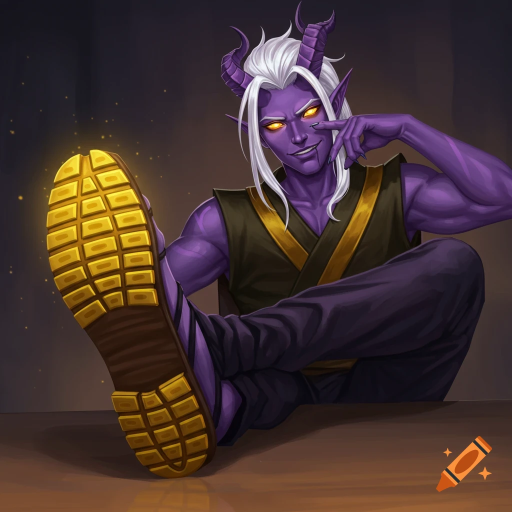A purple-skinned tiefling showing the sole of his shoe.